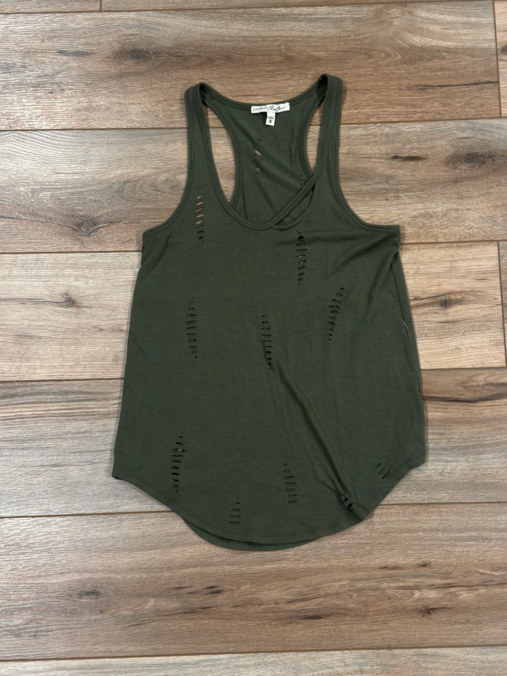 EXPRESS Vintage 2000s Y2k Olive Green Distressed Cut-out Flowy Tank Top | Sz XS